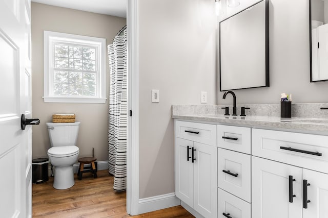 bathroom featuring wood-type flooring, toilet, and vanity