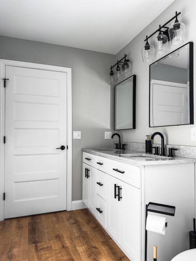 bathroom with wood-type flooring and vanity