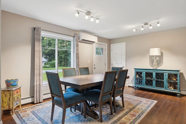 dining space with a wall mounted air conditioner, dark hardwood / wood-style floors, and a baseboard heating unit