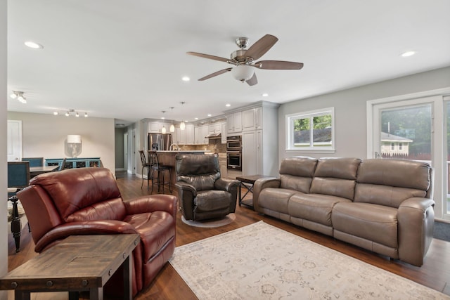 living room with ceiling fan and dark hardwood / wood-style flooring