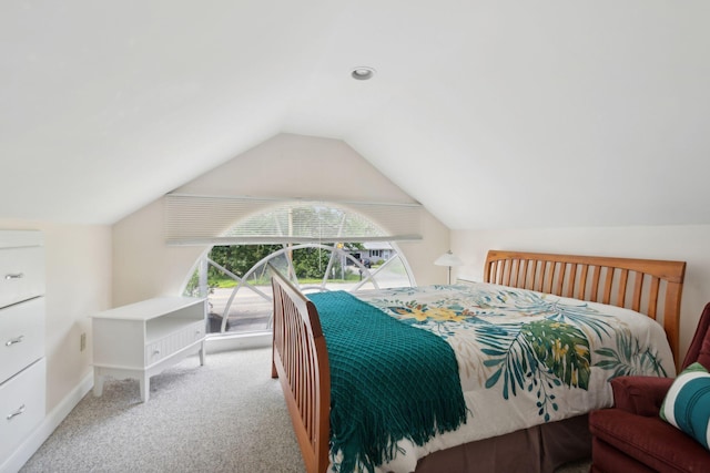 carpeted bedroom with lofted ceiling