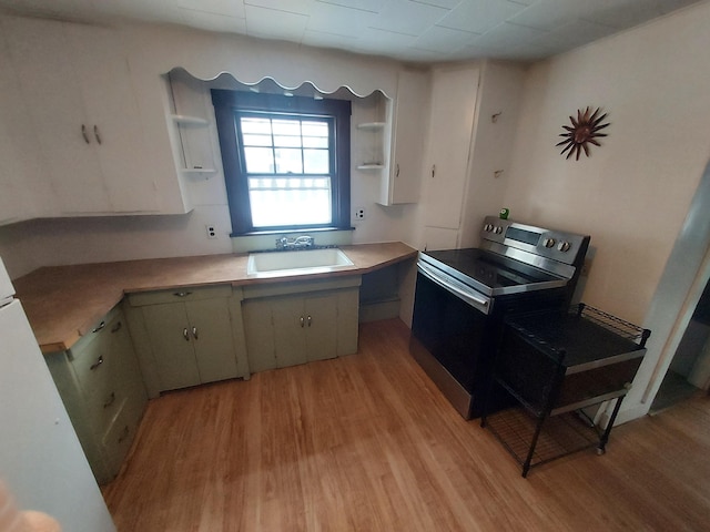 kitchen featuring sink, electric range, and light hardwood / wood-style floors