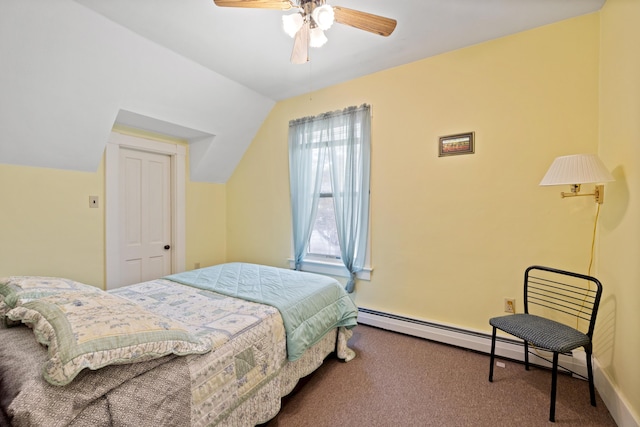 carpeted bedroom with a baseboard heating unit, vaulted ceiling, and ceiling fan