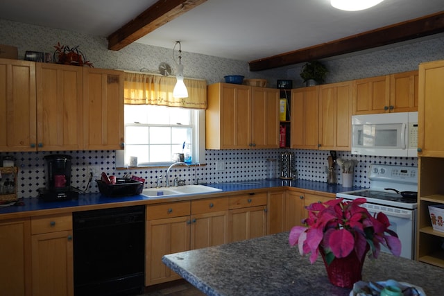 kitchen featuring sink, white appliances, tasteful backsplash, and beamed ceiling