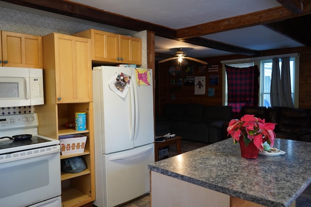 kitchen with ceiling fan, a center island, white appliances, and light brown cabinets