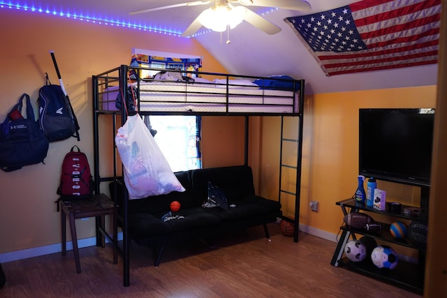 bedroom featuring wood-type flooring and ceiling fan