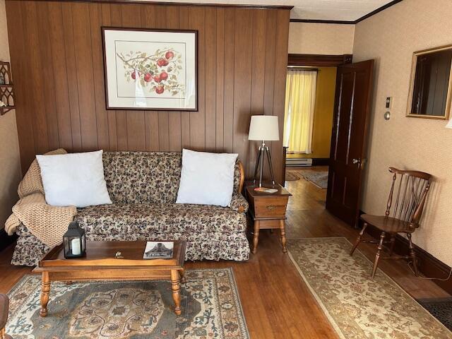 living room featuring crown molding, dark hardwood / wood-style flooring, and baseboard heating