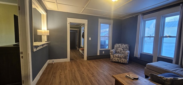 sitting room with crown molding and wood-type flooring