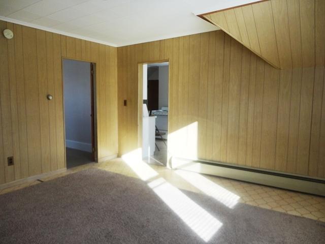 carpeted spare room featuring baseboard heating and wood walls