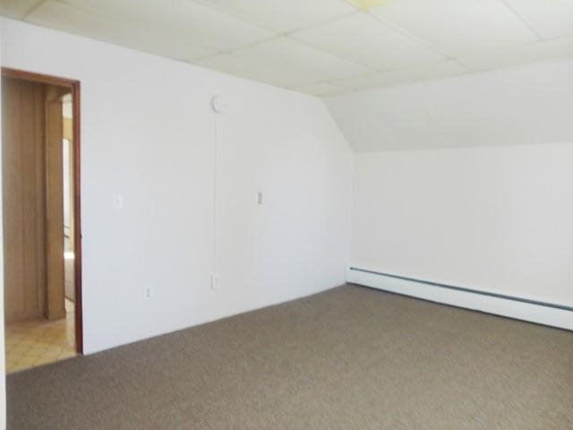 additional living space featuring baseboard heating, vaulted ceiling, and carpet