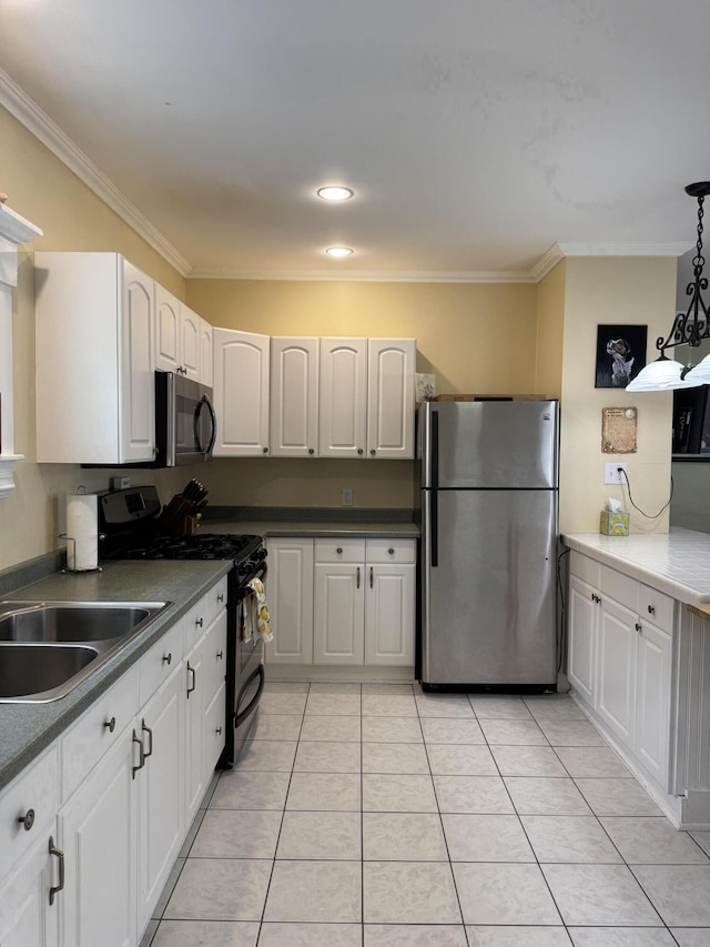 120 Birch St, Bangor, ME 04401 - kitchen with freestanding refrigerator, black gas range, crown molding, a sink, and light tile patterned floors
