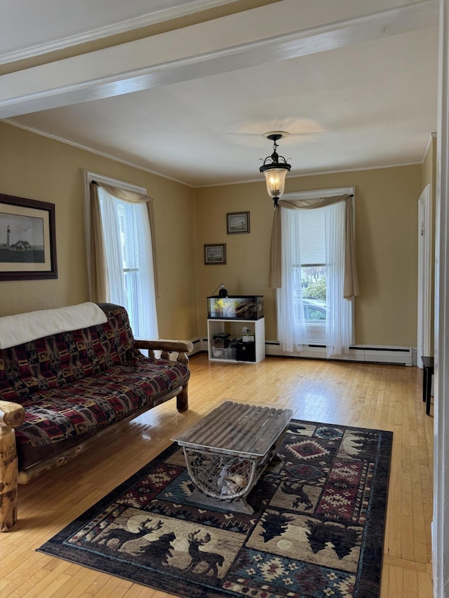 120 Birch St, Bangor, ME 04401 - living room featuring hardwood / wood-style flooring, crown molding, healthy amount of natural light, and a baseboard heating unit