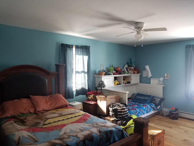 bedroom with ceiling fan and light hardwood / wood-style floors