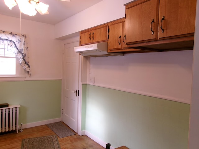 laundry area with radiator heating unit and light hardwood / wood-style floors