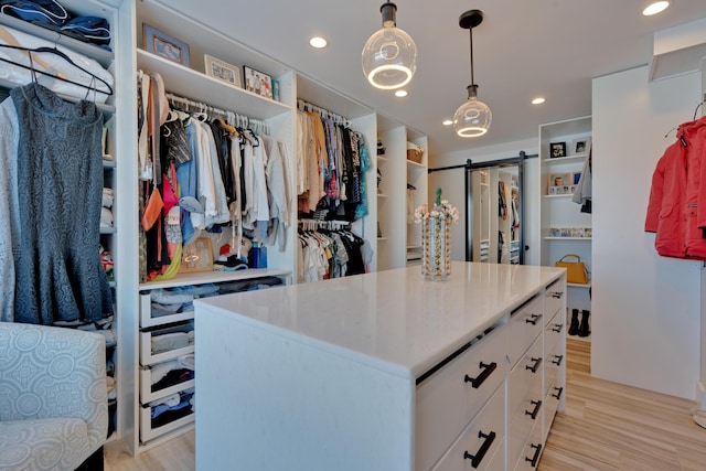 walk in closet featuring light hardwood / wood-style floors and a barn door
