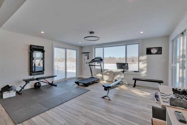 exercise room with light hardwood / wood-style floors