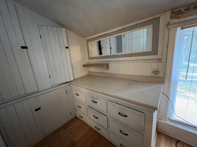 bathroom with hardwood / wood-style flooring, a healthy amount of sunlight, and vaulted ceiling