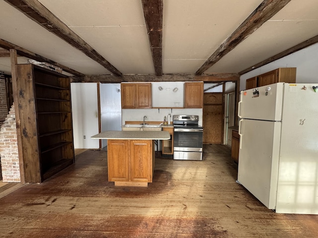 kitchen with dark hardwood / wood-style flooring, white fridge, a center island, beam ceiling, and electric stove