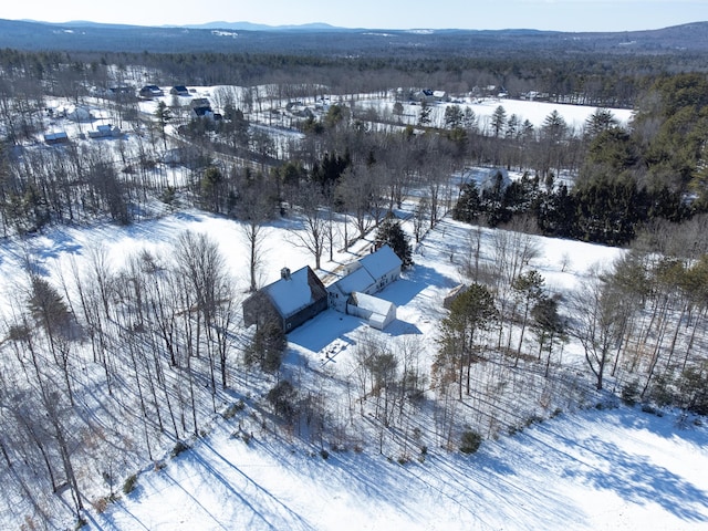 snowy aerial view featuring a mountain view