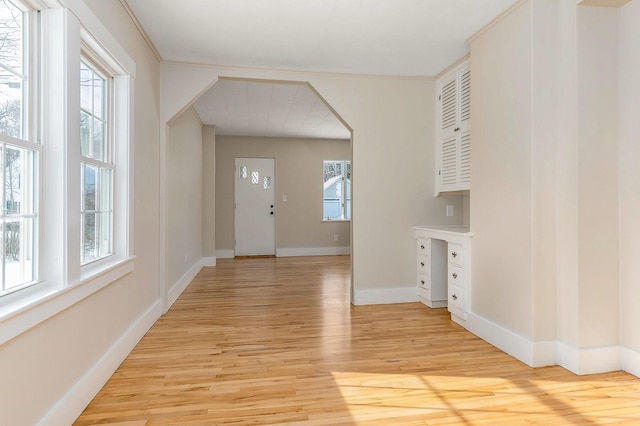 foyer entrance with crown molding, light hardwood / wood-style flooring, and plenty of natural light