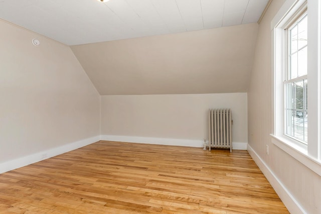 additional living space with a wealth of natural light, radiator heating unit, and light hardwood / wood-style flooring