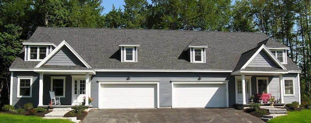 view of front facade featuring aphalt driveway, a porch, and a shingled roof