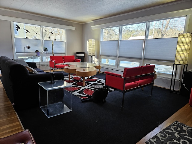 living room with hardwood / wood-style flooring, a wealth of natural light, and ornamental molding