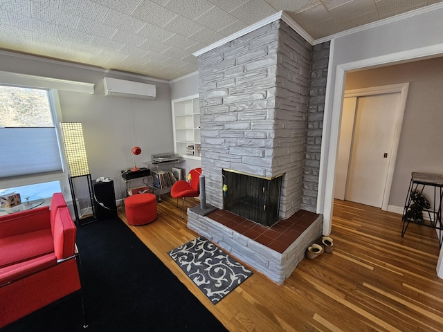 living room with an AC wall unit, dark hardwood / wood-style flooring, and ornamental molding