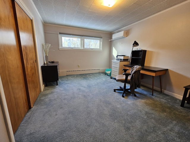 home office featuring a wall mounted air conditioner, dark colored carpet, a baseboard radiator, and crown molding