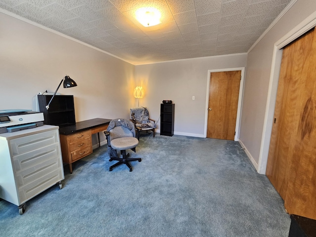 carpeted office space with crown molding