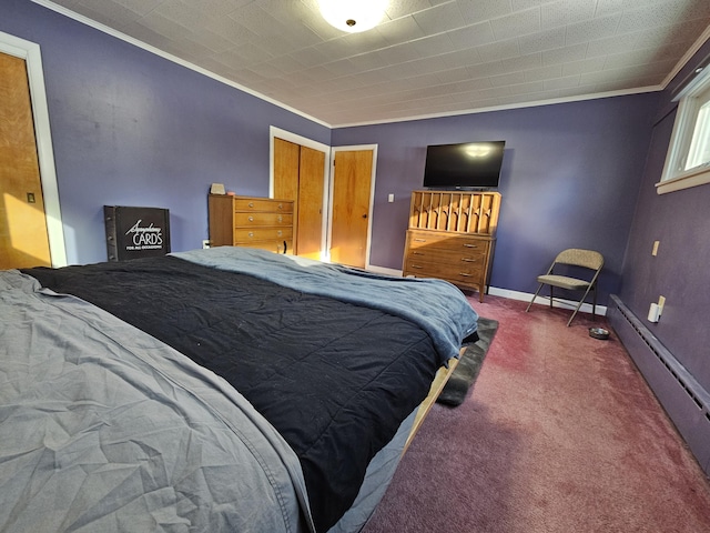 carpeted bedroom featuring ornamental molding and a baseboard radiator