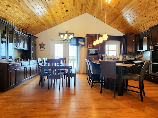 305 Fuller Rd, Easton, ME 04740 - dining area with wood ceiling, a toaster, a notable chandelier, light wood-type flooring, and lofted ceiling