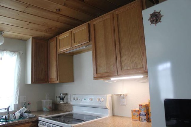 kitchen with sink, wooden ceiling, refrigerator, and electric stove