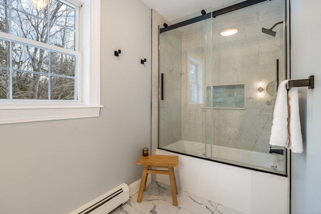 bathroom with baseboard heating and combined bath / shower with glass door