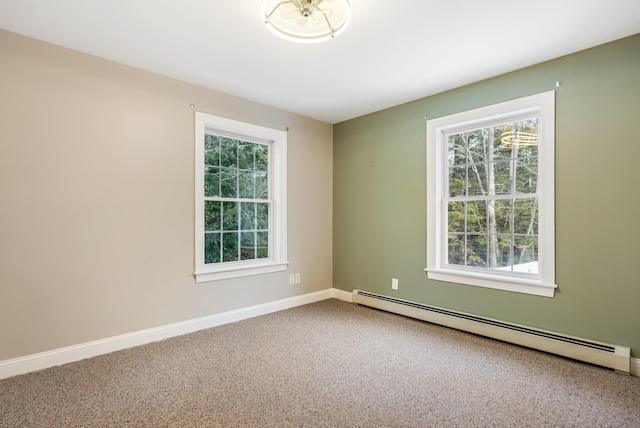 spare room featuring a baseboard radiator and carpet floors