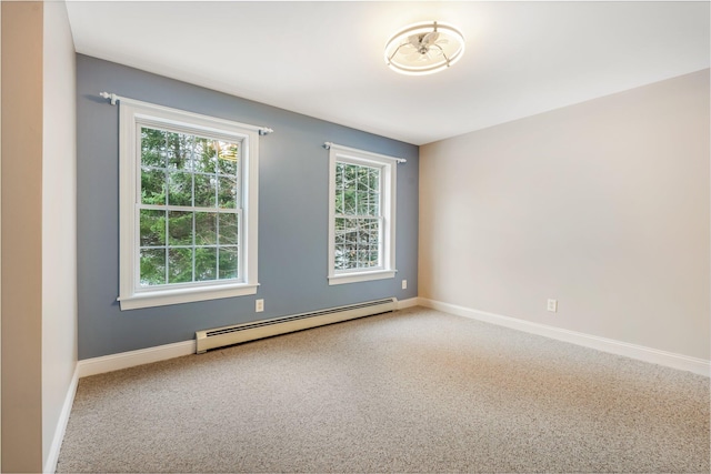 carpeted empty room with baseboard heating