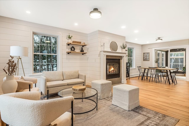 living room featuring wood walls and light hardwood / wood-style flooring