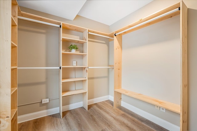 walk in closet featuring a barn door and hardwood / wood-style floors