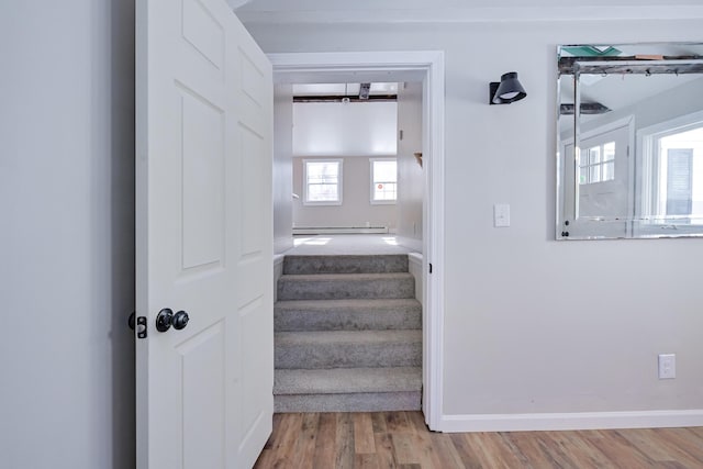 staircase featuring wood-type flooring and baseboard heating