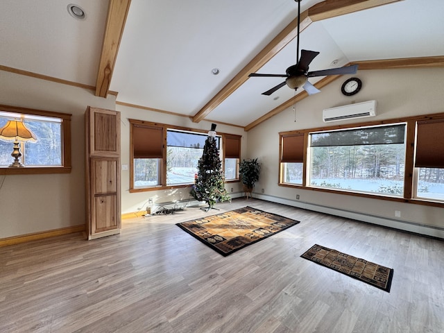 unfurnished living room featuring vaulted ceiling with beams, light wood-style flooring, baseboards, baseboard heating, and a wall mounted air conditioner