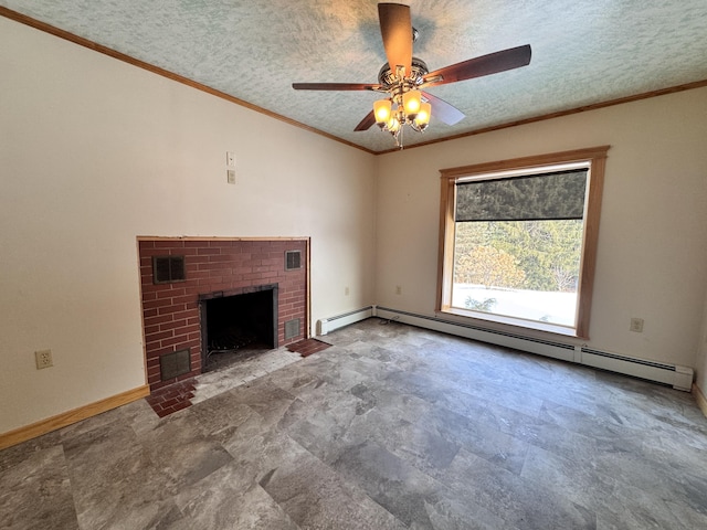 unfurnished living room featuring visible vents, a baseboard radiator, ornamental molding, a textured ceiling, and a brick fireplace