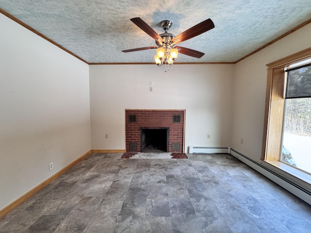 unfurnished living room featuring baseboards, a baseboard radiator, ornamental molding, a textured ceiling, and a brick fireplace