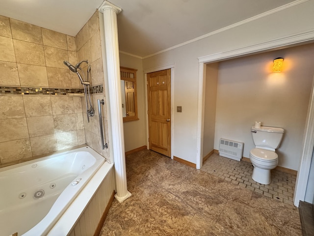 full bath featuring toilet, baseboards, crown molding, and a combined bath / shower with jetted tub