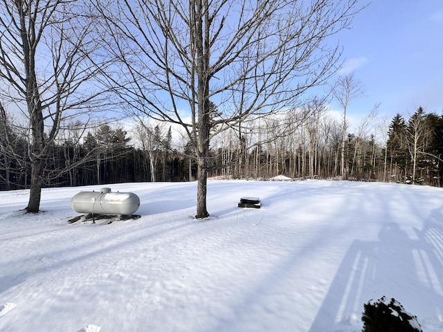 yard covered in snow featuring a forest view