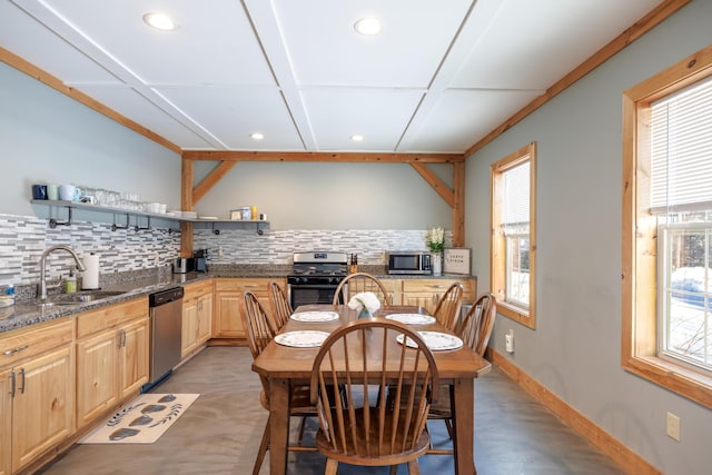 kitchen featuring stainless steel appliances, a healthy amount of sunlight, light brown cabinetry, and decorative backsplash