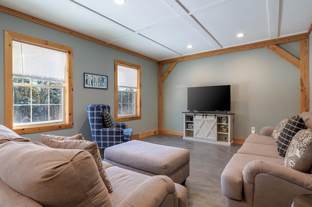 living room featuring concrete flooring