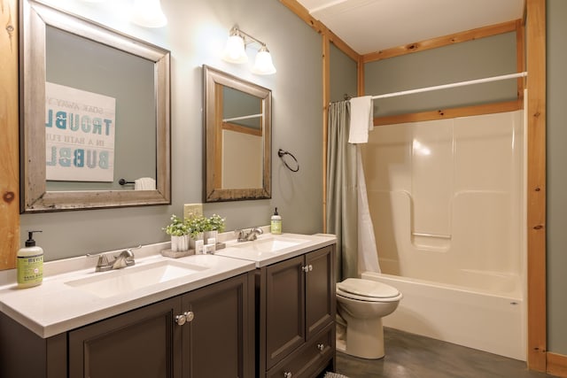 full bathroom with shower / bathtub combination with curtain, vanity, and toilet