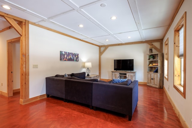 living room with coffered ceiling