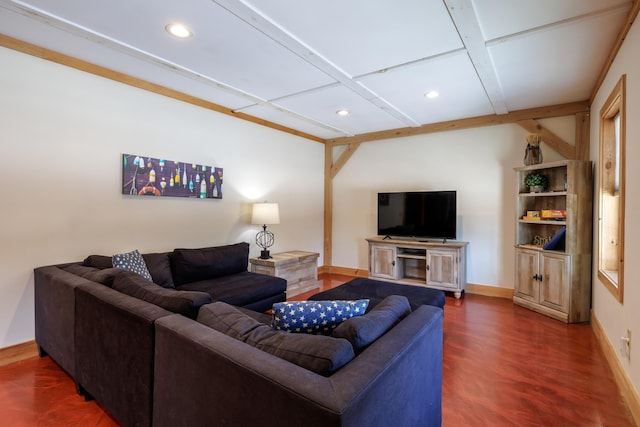 living room with coffered ceiling, dark hardwood / wood-style floors, and beamed ceiling