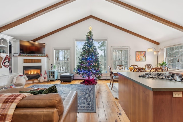 living room with lofted ceiling with beams and light hardwood / wood-style flooring